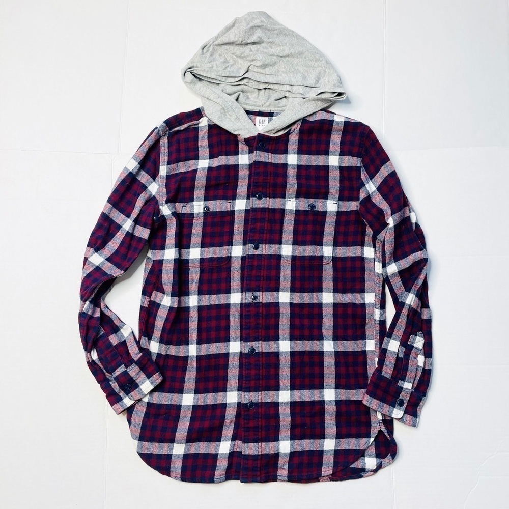 Gap Kids Blue Maroon Plaid Flannel Hooded Long Sleeve Button Up Shirt Size XXL